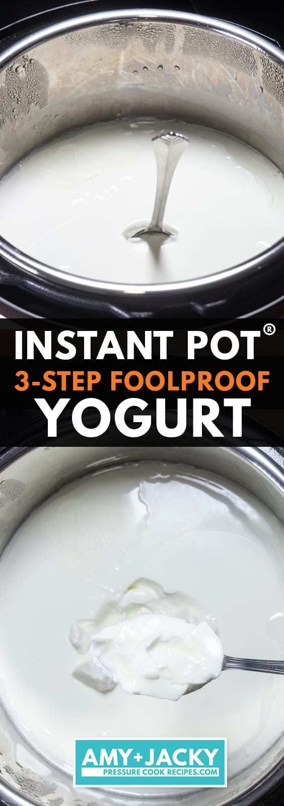 two pots filled with yogurt sitting on top of each other next to the words instant pot 3 - step fool proof yogurt