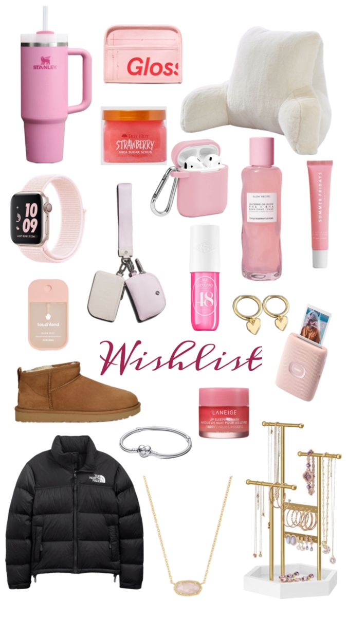 the contents of a woman's wish list are shown in pink, white and black