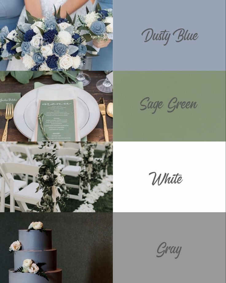 the wedding color scheme is blue, green, and gray with white flowers on top