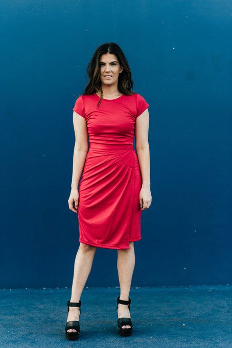 Daniela Dress by Shabby Apple Flattering Stretch Sheath Dress, Fitted Ruched Sheath Dress, Flattering Fitted Red Dress, Flattering Sheath Dress For Night Out, Flattering Short Sleeve Bodycon Dress, Red Short Sleeve Dress With Ruched Detail, Red Ruched Short Sleeve Dress, Flattering Bodycon Dress With Short Sleeves, Red Stretch Midi Dress For Work