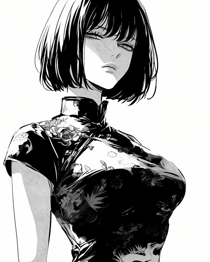 a black and white drawing of a woman with short hair, wearing a top that has flowers on it