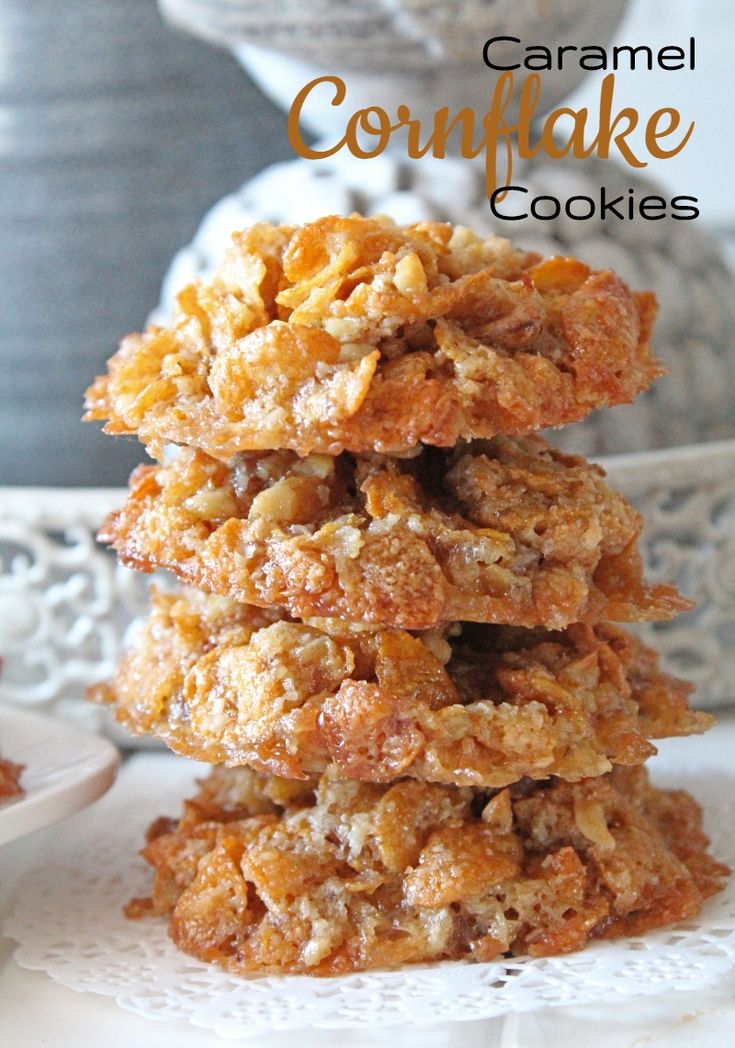 three cookies stacked on top of each other with the words caramel cornflake cookies above them