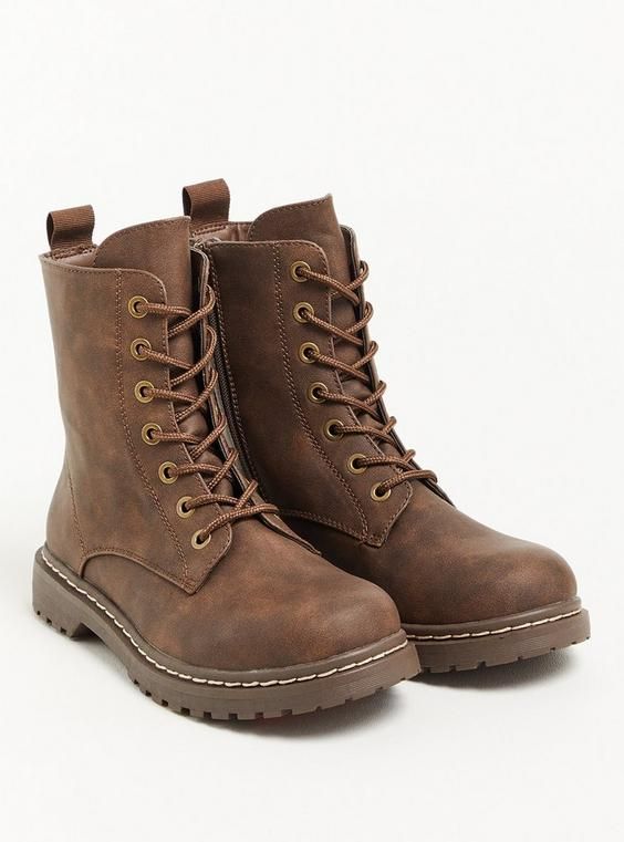 FIT Extra wide width (WW). Extra cushioned footbed; rubber sole. 1” heel height. MATERIALS + CARE Faux suede. 90% plastic, 10% metal. Imported. DETAILS Fur-lined. Lace up. . Heel pull tab. The best plus size women's stevie lace-up combat boot (ww) boots in brown made of suede. Rock your look from Torrid to Festivals like Coachella and Lollapalooza, a concert, a show, or just for fun! Torrid is your destination for the freshest spring and summer styles. Chunky Combat Boots, Lace Up Combat Boots, Faux Leather Boots, Combat Boot, Moto Boots, Brown Boots, Salwar Kameez, Lace Up Boots, Faux Suede