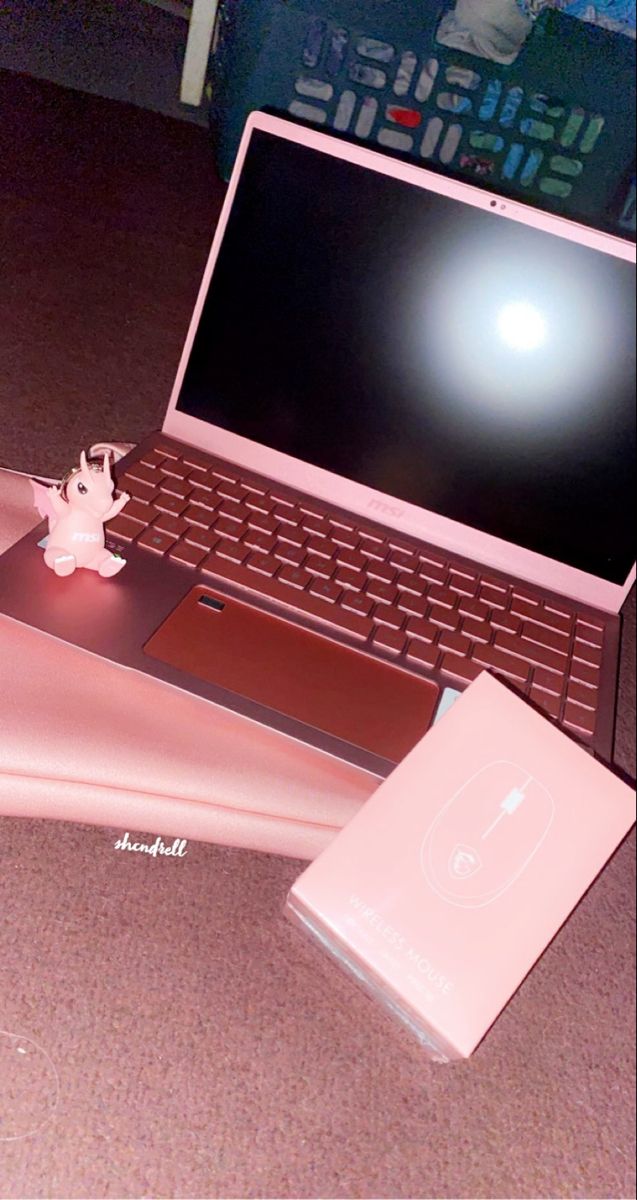 an open laptop computer sitting on top of a pink desk next to a small figurine