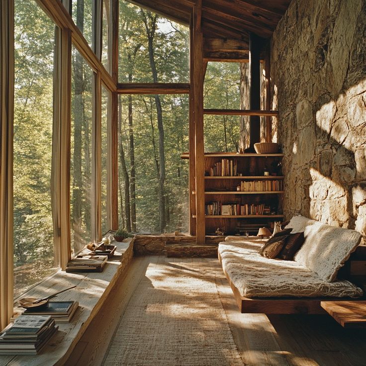 a living room filled with lots of windows next to a stone wall covered in books