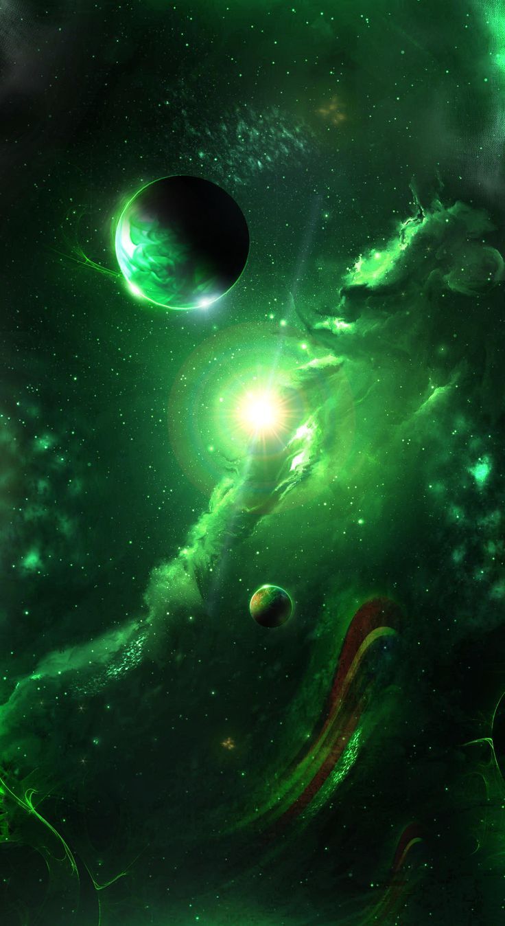 an image of some green space with planets in the background and stars on the sky