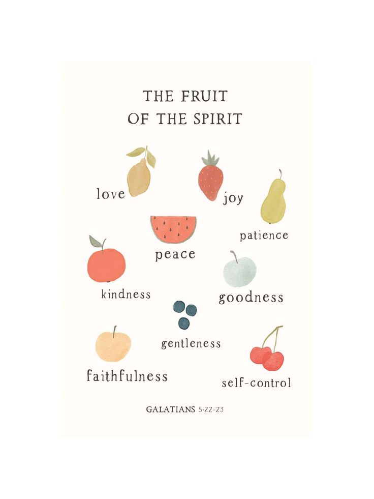 the fruit of the spirit card with fruits and words on it, including apples, pears, peaches, watermelon