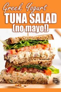 there is a sandwich with tuna and lettuce on it that says, greek yogurt tuna salad no mayo