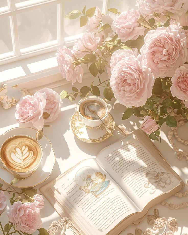 an open book on a table with pink flowers and pearls around it next to a cup of coffee