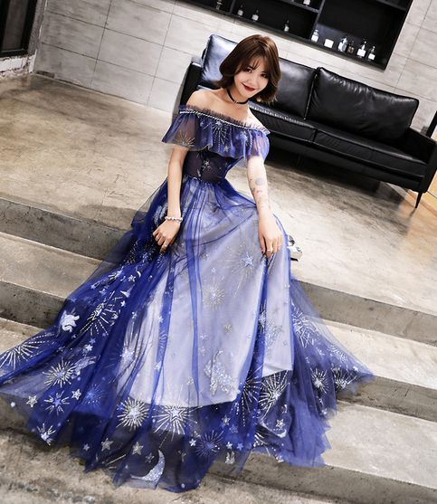 Blue tulle long prom dress with stars sold by Little Cute on Storenvy Prom Dress With Stars, Fantasy Prom Dress, Slay Dresses, Star Prom Dress, Celestial Fashion, Dress With Stars, Celestial Dress, Celestial Style, Tulle Long Prom Dress