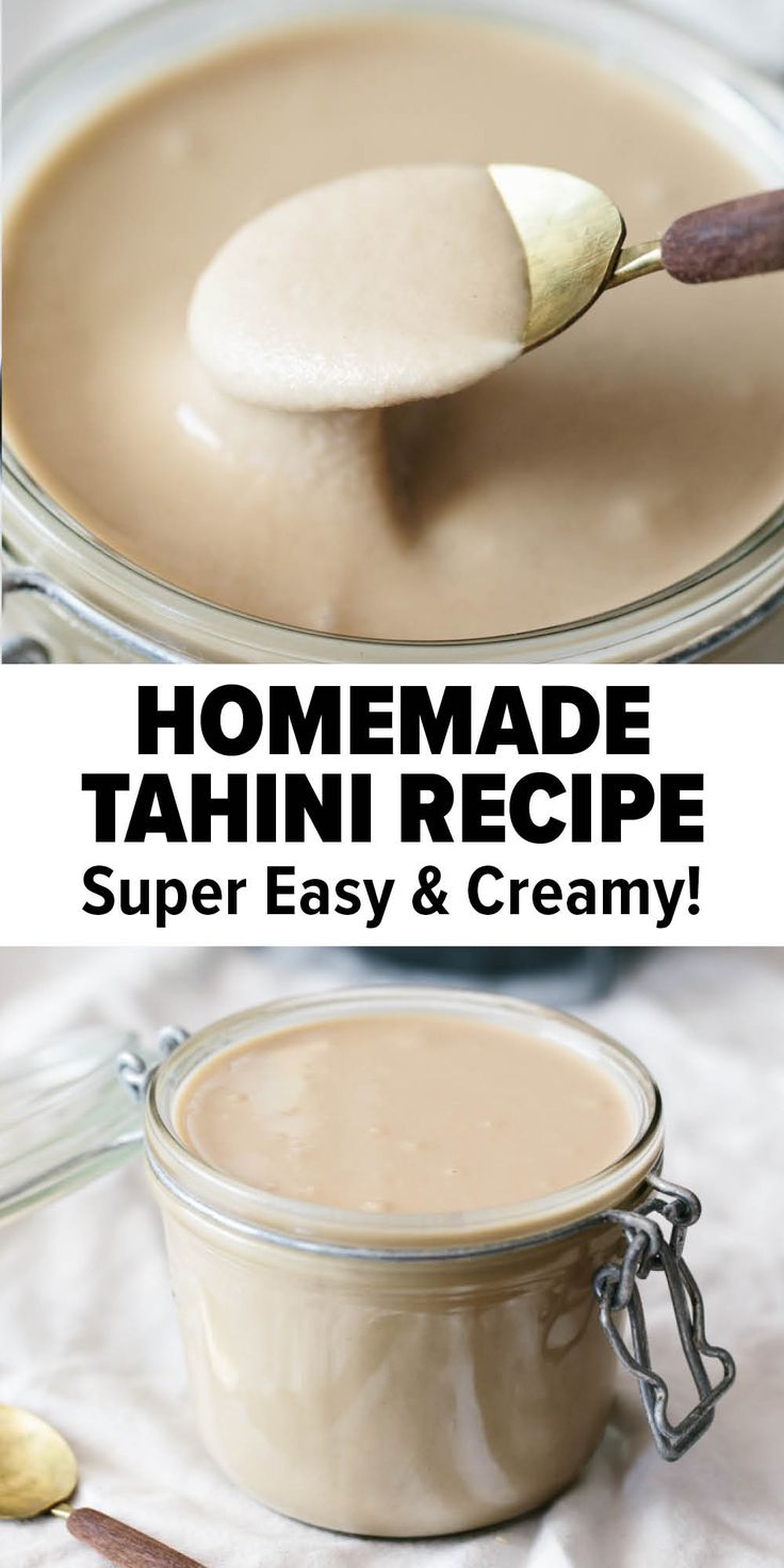 homemade tahini recipe in a glass jar with a wooden spoon on top and the text overlay reads homemade tahini recipe super easy & creamy