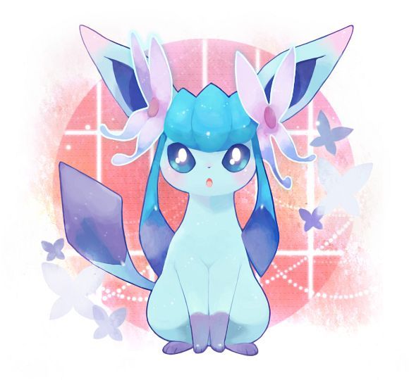 a blue and white pokemon sitting on top of a pink background with butterflies around it