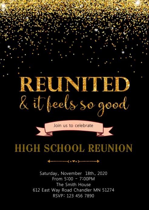 a black and gold birthday party with glitters on it, including the words'reunited & lites so good high school reunion '