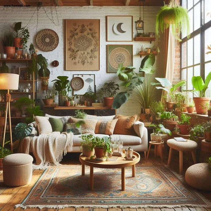 a living room filled with lots of plants and potted plants on top of tables