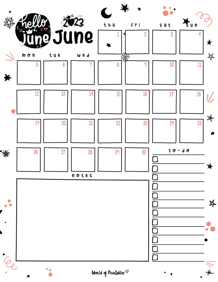 a printable calendar with the words hello june on it