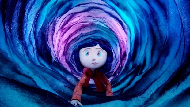 an animated doll sitting in front of a colorful tunnel with the caption be careful what your heart says