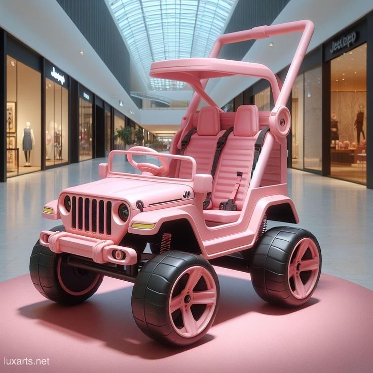 a pink jeep is parked in the middle of a mall