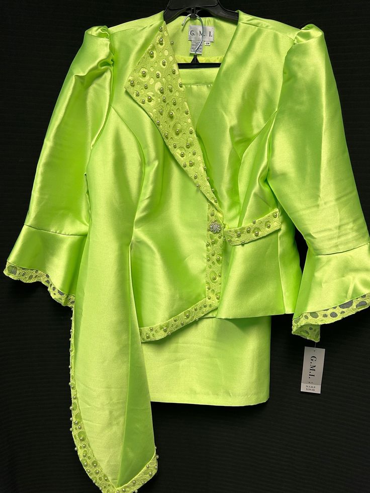 Beautiful 2 pieces Jacket and Skirt  Lime Green Size 22 Long sleeves  Symetrical cut Jacket Spring Tailored Two-piece Sets, Tailored Two-piece Sets For Spring, Two-piece Tailored Sets For Spring, Tailored Two-piece Spring Sets, Spring Fitted Two-piece Sets, Spring Formal Two-piece Skirt Suit, Two-piece Formal Sets For Spring, Two-piece Spring Formal Sets, Elegant Two-piece Blazer For Spring