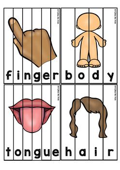 four different pictures with the words finger body and tongue in front of them, including an image of a teddy bear