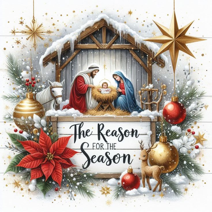 the reason for the season christmas card with nativity scene and stars on snow covered background