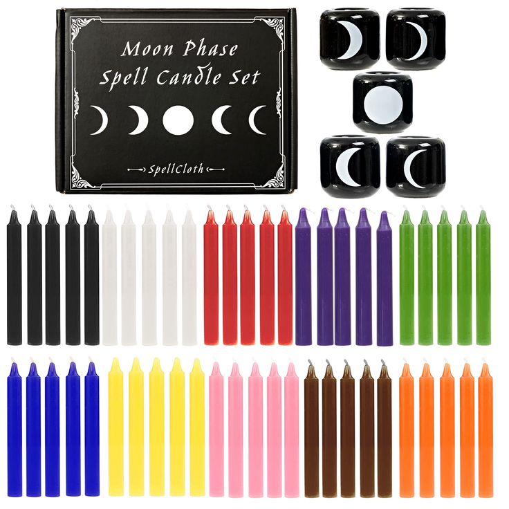 the moon phase spell candle set is shown in different colors