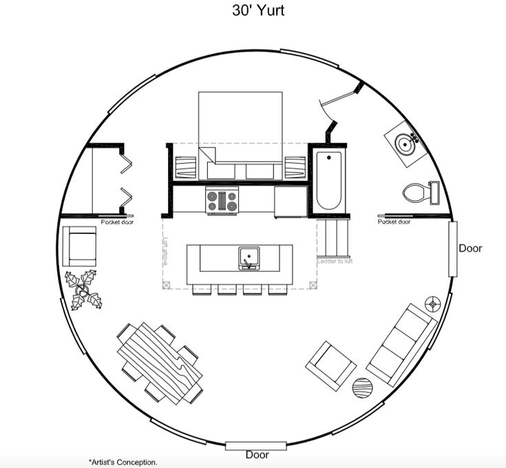 the floor plan for a round house with living room and kitchen, as well as an office