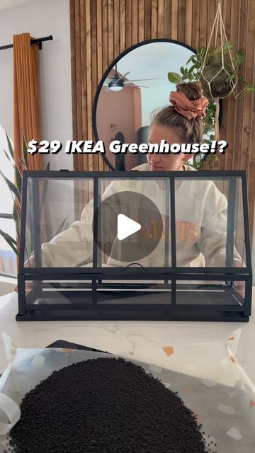 a woman is sitting in front of a window and looking at her cell phone with the caption, $ 29 ikea greenhouse?