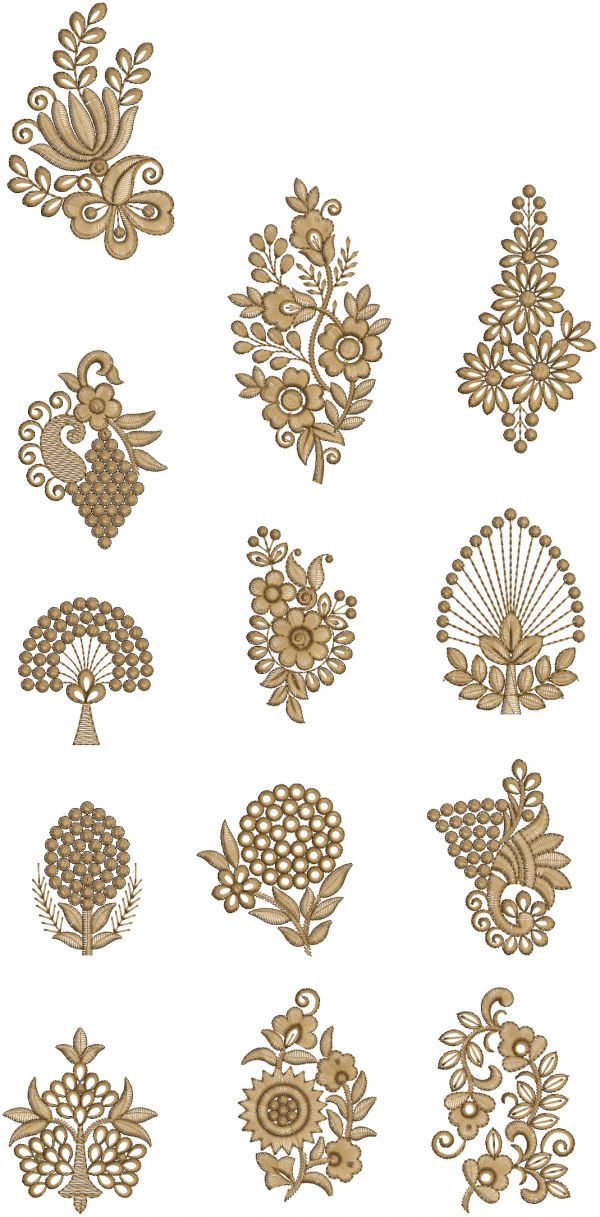 several different types of decorative designs on a white background, including flowers and leaves in gold foil