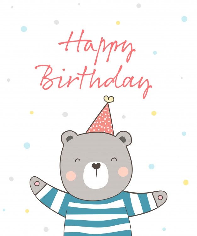 a birthday card with a bear wearing a party hat and holding his arms in the air