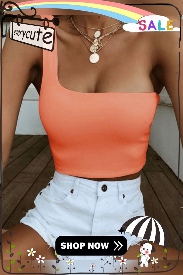 Women Sexy Cool Single One Shoulder Tank Tops Vest Bare Midriff Sleeveless T-shirt Summer Beach Crop Top Solid Color Tops For Summer Vacation, Solid Color Summer Tops For Vacation, Summer Vacation Tops In Solid Color, Beach Cropped Top, Trendy Vest Crop Top For Vacation, Trendy Solid Color Top For Vacation, Beach Crop Top Vest, Stretch Camisole Crop Top For Summer, Summer Beach Vest Top