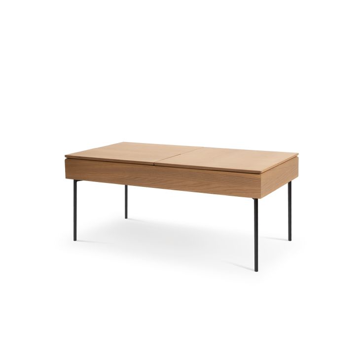 a wooden table with black legs and an open drawer on the top, against a white background