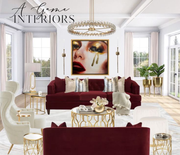 a living room filled with red couches and white chairs next to a chandelier