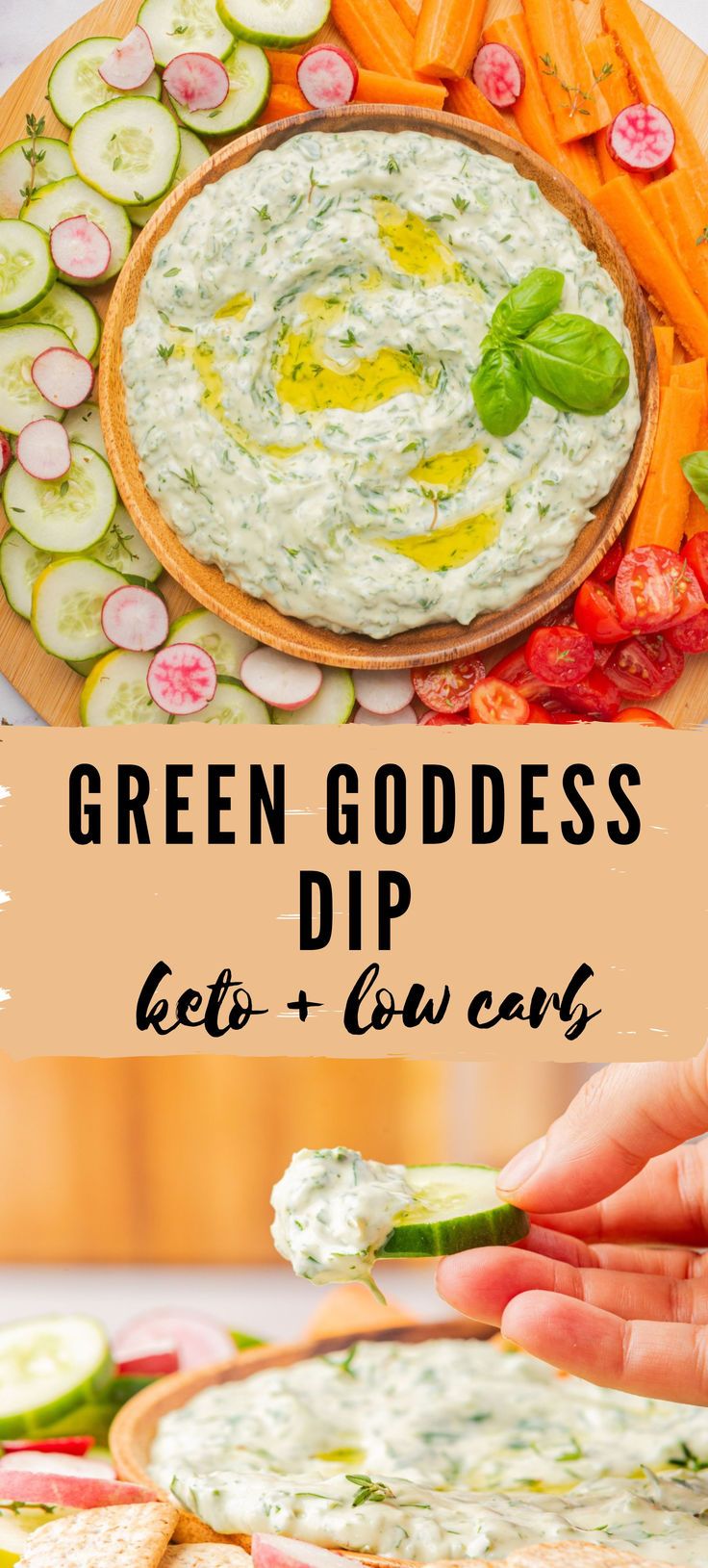 green goddess dip with cucumbers and carrots on the side, served in a wooden platter