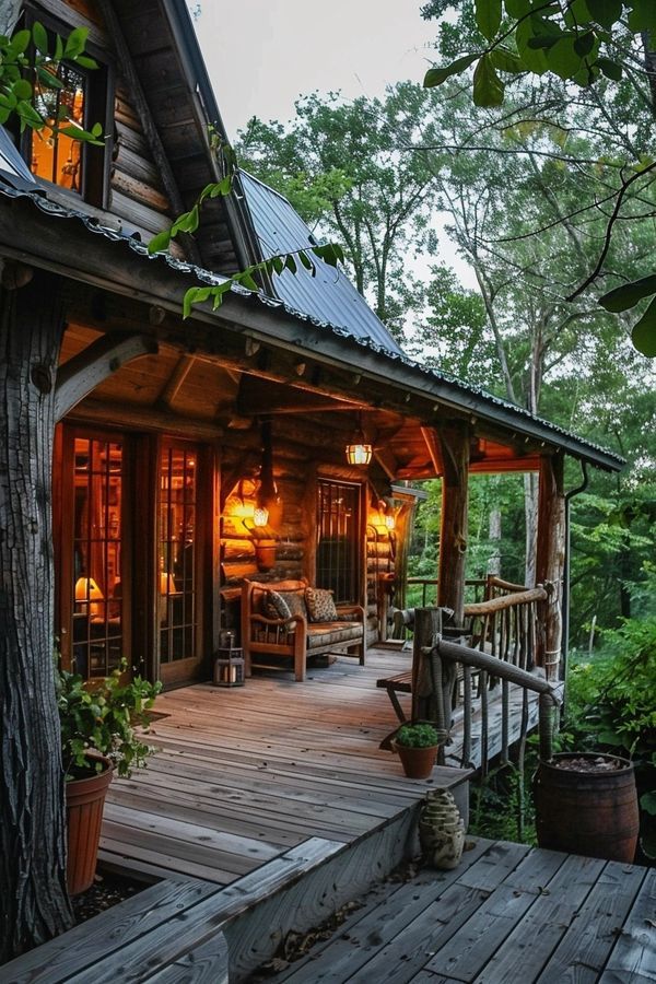 a wooden deck leading to a log cabin with lights on the porch and door open