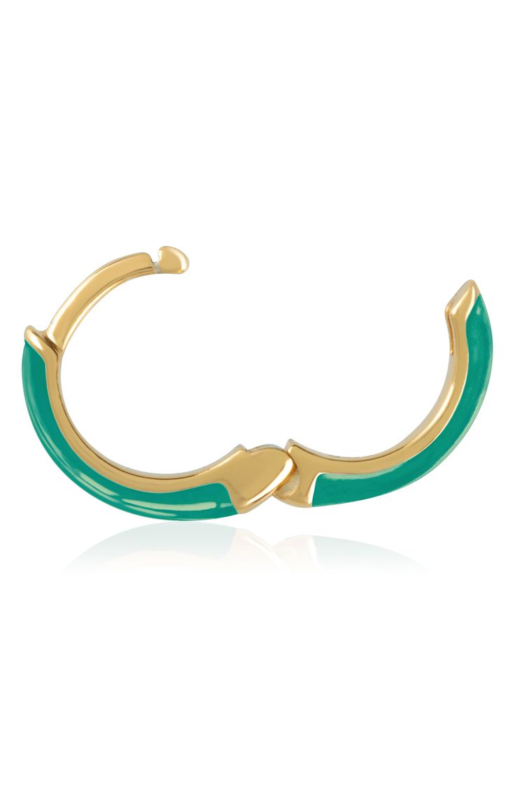 Easy-to-wear hoop earrings will add significant polish to even your most casual ensembles. 1/2" drop; 1/8" width Hinge with snap-post closure Sterling silver with goldtone plate/enamel Imported Green Enamel Single Earring, Single Green Enamel Earring, Nickel Free Enamel Hoop Jewelry, Gold Enamel Hoop Earring (sold Individually), Nickel-free Enamel Hoop Jewelry, Green Enamel Hoop Jewelry, Green Enamel Hoop Earrings, Nickel-free Enamel Hoop Earrings, Green Hoop Huggie Earring