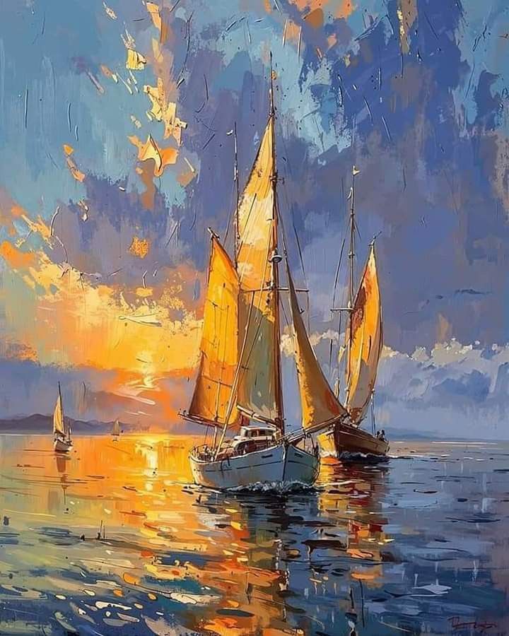 a painting of two sailboats sailing in the ocean at sunset with clouds and blue sky