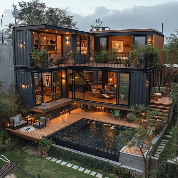 an aerial view of a house with lots of windows