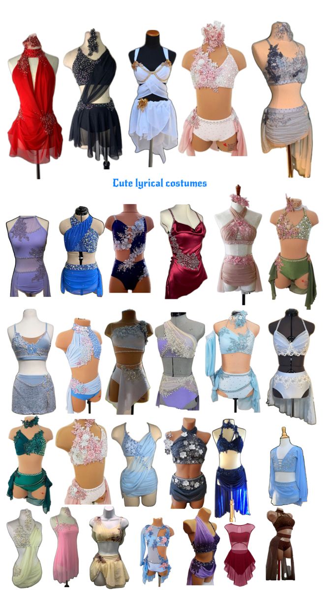 many different types of dresses and bras on display in front of a white background