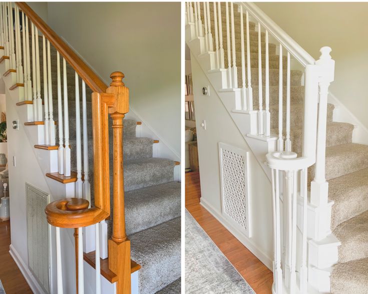 two pictures of stairs and banisters with carpet on the floor in front of them