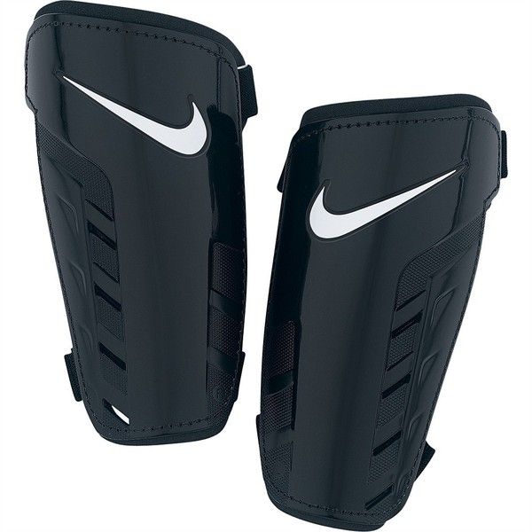 two black knee pads with white nike logo on the front and back panels, both side - by - side