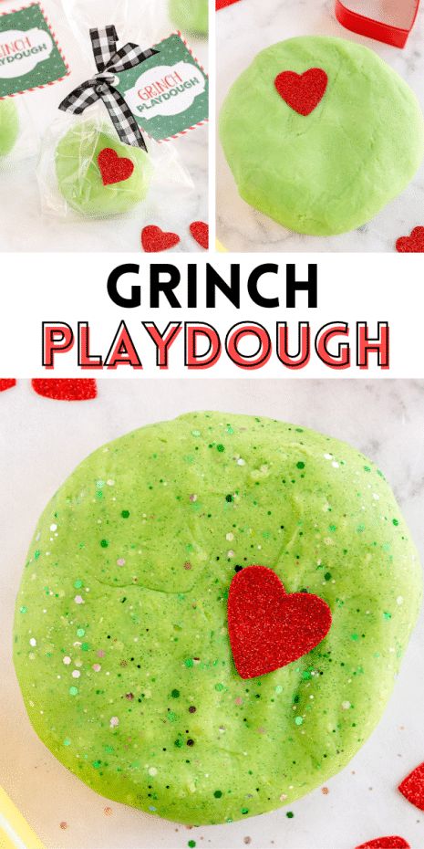 a green playdough with red hearts on it and the title overlay says grinch playdough