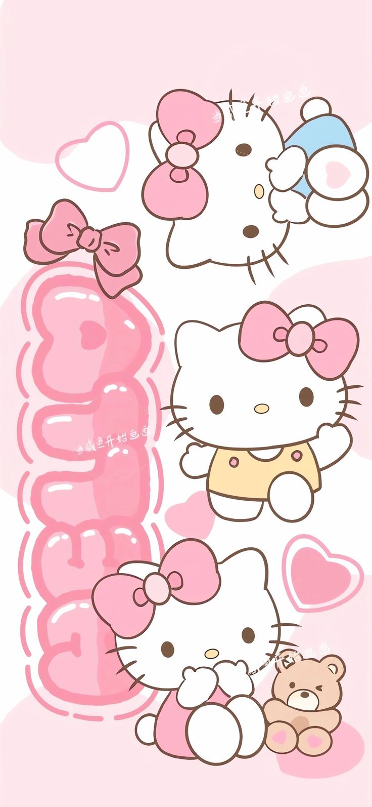 an image of hello kitty wallpaper with hearts and teddy bears on the back ground