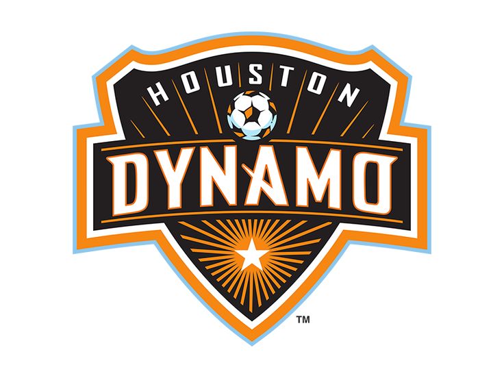 the houston dynamic soccer team logo with an orange and black ball in the center, on a white background