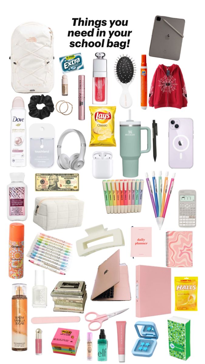 the back to school poster is full of things you need in your school bag, including books, pens, pencils, and more