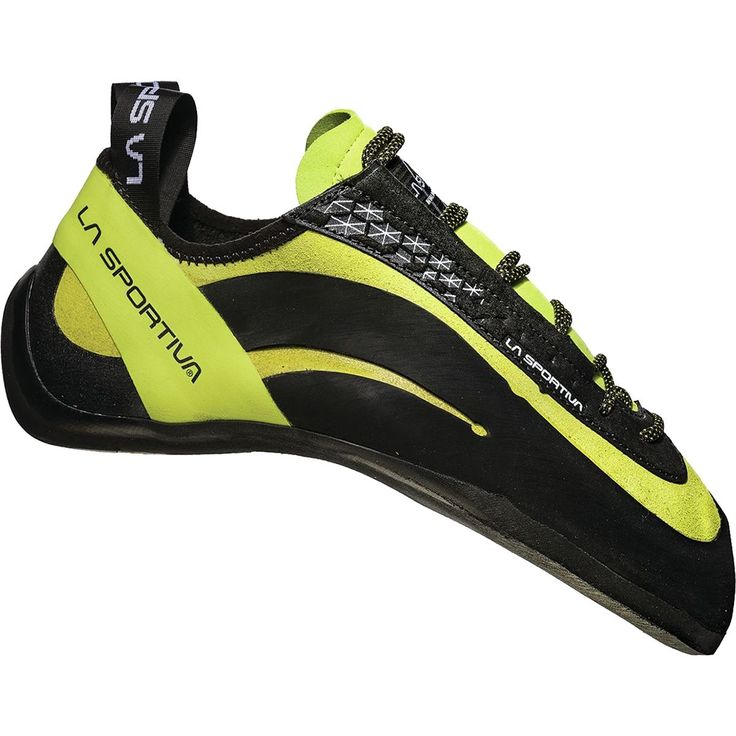 a pair of black and yellow climbing shoes