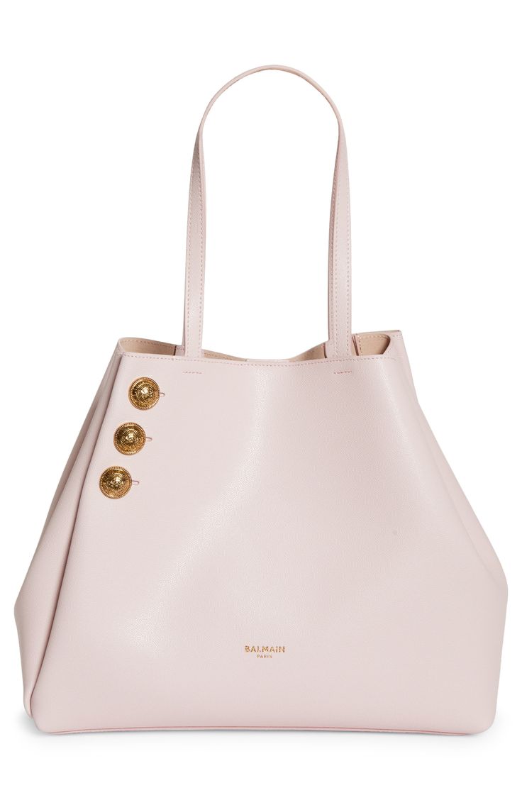 The maison's signature medallion buttons and a foil logo bring heritage touches to a spacious and shape-shiftable leather tote with a matching tethered pouch. Magnetic-snap closure Shoulder straps Removable tethered zip pouch Structured silhouette with flat base for stability Leather Made in Italy Designer Handbags Luxury Pink Bags With Metal Logo, Pink Leather Bag With Logo, Luxury Pink Bags With Metal Hardware, Balmain Pink Bag, Luxury Pink Bag With Turn-lock Closure, Zip Pouch, Designer Handbags, Leather Tote, Nordstrom