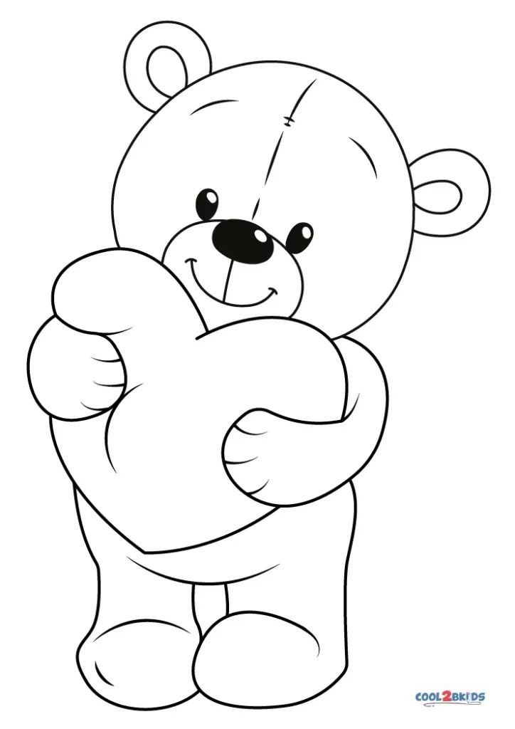 a teddy bear holding a heart coloring page