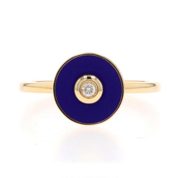 Size: 6 1/2 Sizing Fee: Up 3 sizes for $30 or Down 2 sizes for $30 Brand: Michael M Design: Chroma Bullseye Metal Content: 14k Yellow Gold Stone Information Natural Diamond Carat(s): .04ct Cut: Round Brilliant Color: G Clarity: VS1 - VS2 Material Information Enamel Color: Blue Style: Solitaire Features: Stackable Design Measurements Face Height (north to south): 13/32" (10mm) Rise Above Finger: 3/16" (4.6mm) Weight: 2.8 Grams Stamps: 14k, maker's mark Condition: New without Tags Gold Flower Ring, M Design, Vintage Cocktail Ring, Rise Above, Modern Ring, Enamel Ring, La Face, Gold Stone, Green Enamel