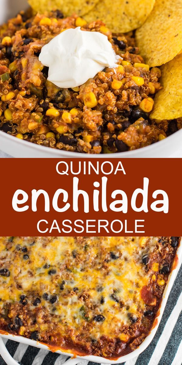 an enchilada casserole with tortilla chips and sour cream on top