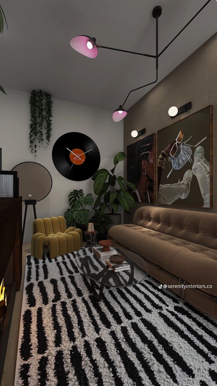 a living room filled with lots of furniture next to a wall mounted record on the wall